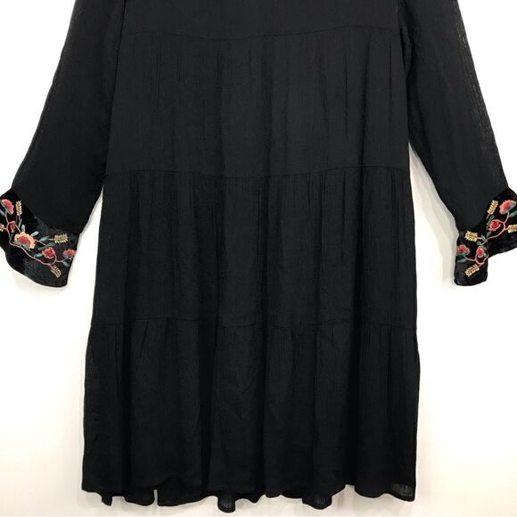 THML Black Gauze Floral Embroidered Velvet Popover Sheath Dress - Picture 8 of 14